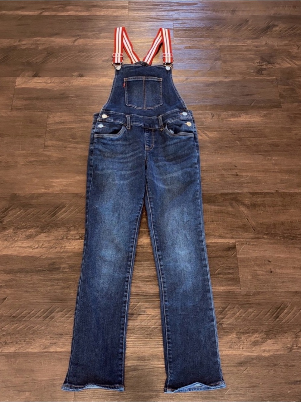 Levis Kids Blue Denim Bib Overalls Red White Striped Straps Size 12 Reg